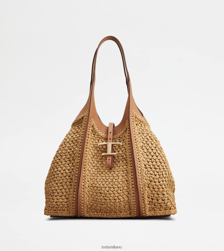 donnebeige/marrone Tod's t intramontabile shopping bag in rafia e pelle media P66X8B252
